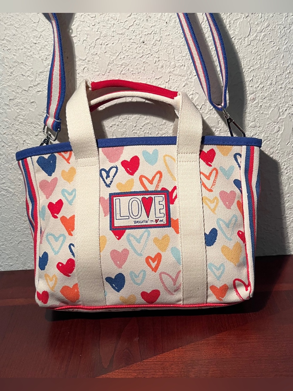 Brighton Cream Canvas Tote with Multicolor Heart Print